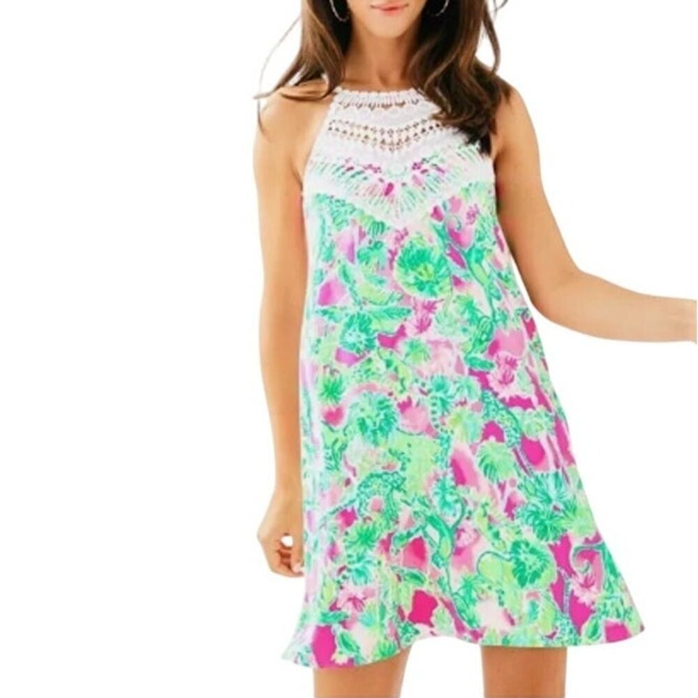 Lilly Pulitzer Mila Raz Berry Catty Shack Pearl Lace Pink & Green Shift Dress‎